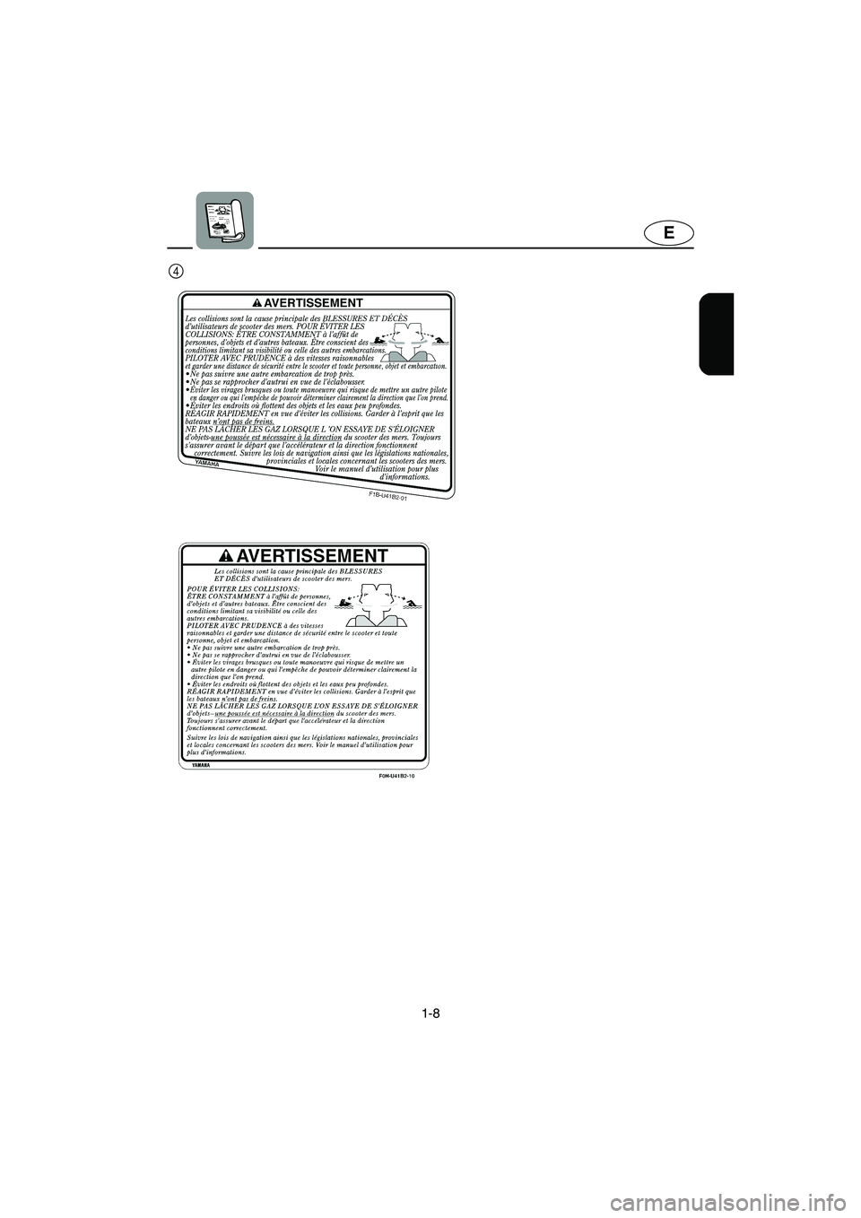 YAMAHA FX HO 2006 User Guide 1-8
E
4
E_F1X-70.book  Page 8  Friday, August 26, 2005  11:00 AM 