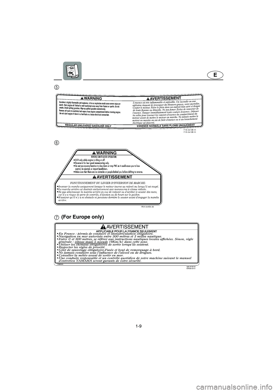 YAMAHA FX HO 2006 User Guide 1-9
E
7 5
6
(For Europe only)
E_F1X-70.book  Page 9  Friday, August 26, 2005  11:00 AM 