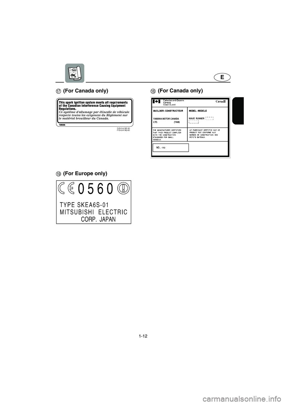 YAMAHA FX HO 2006 User Guide 1-12
E
GH (For Canada only)(For Canada only)
I(For Europe only)
E_F1X-70.book  Page 12  Friday, August 26, 2005  11:00 AM 