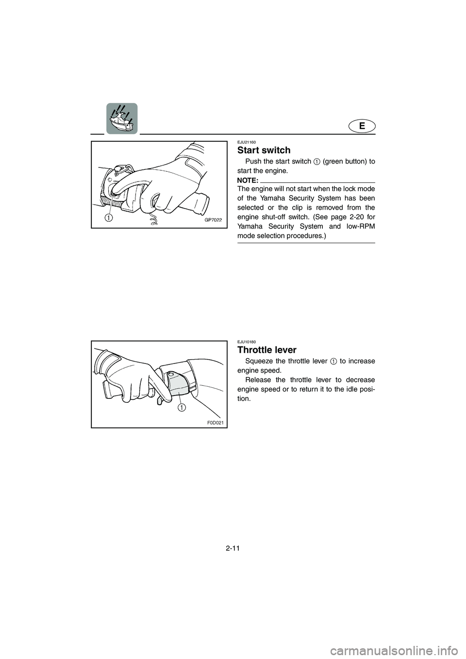 YAMAHA FX HO 2006 Owners Guide 2-11
E
EJU21160 
Start switch 
Push the start switch 1 (green button) to
start the engine.
NOTE:@ The engine will not start when the lock mode
of the Yamaha Security System has been
selected or the cl