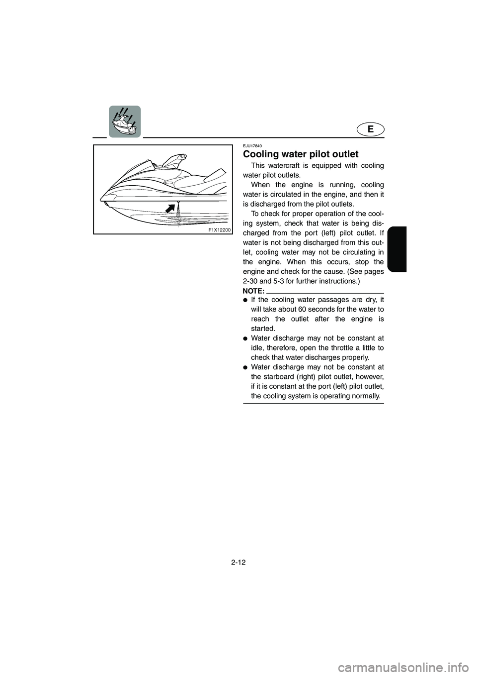 YAMAHA FX HO 2006 Service Manual 2-12
E
EJU17840
Cooling water pilot outlet
This watercraft is equipped with cooling
water pilot outlets.
When the engine is running, cooling
water is circulated in the engine, and then it
is disc YAMAHA FX HO 2006 Service Manual 2-12
E
EJU17840
Cooling water pilot outlet
This watercraft is equipped with cooling
water pilot outlets.
When the engine is running, cooling
water is circulated in the engine, and then it
is disc