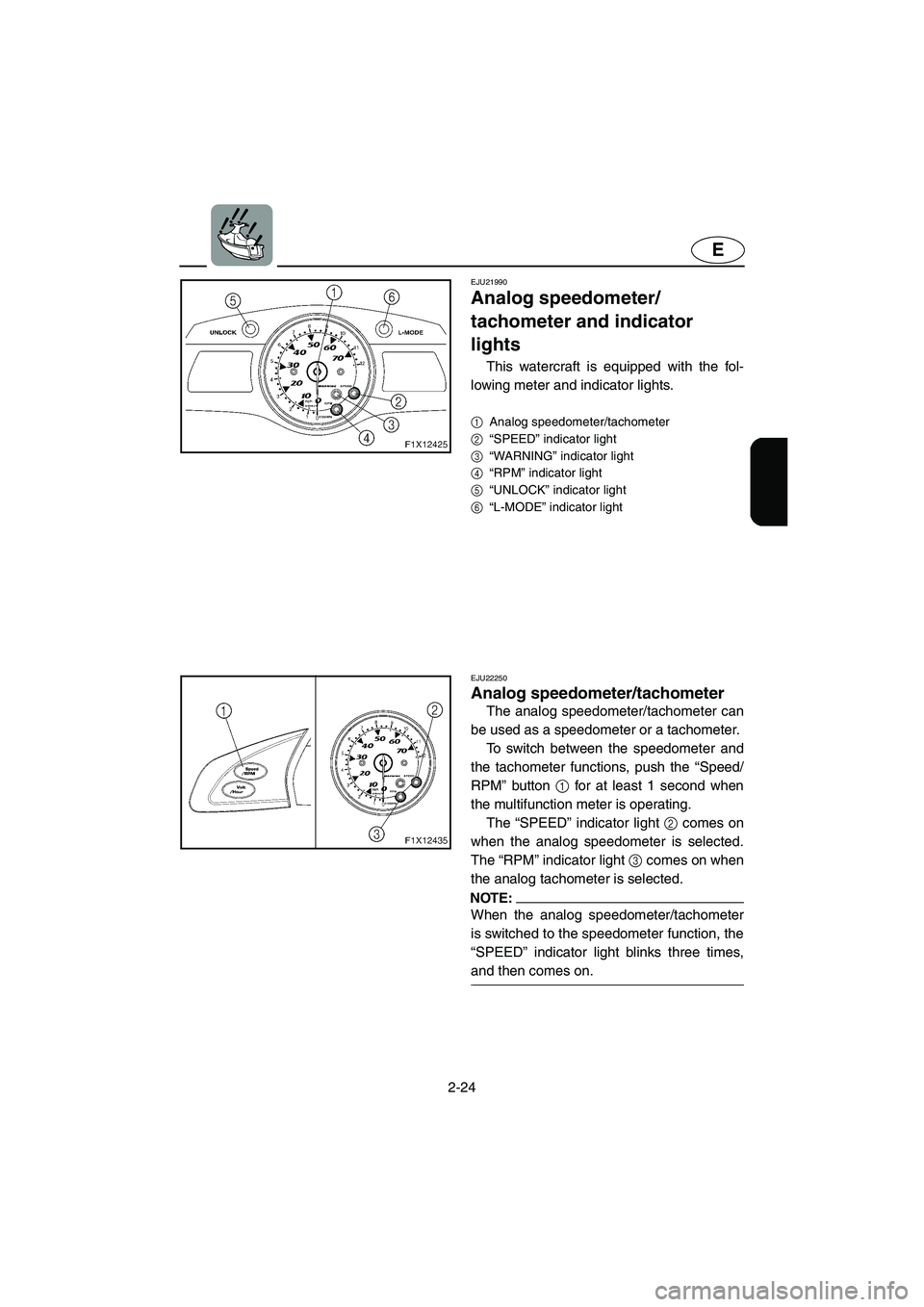 YAMAHA FX HO 2006 Workshop Manual 2-24
E
EJU21990 
Analog speedometer/
tachometer and indicator 
lights 
This watercraft is equipped with the fol-
lowing meter and indicator lights.
1
Analog speedometer/tachometer 
2
“SPEED” indic