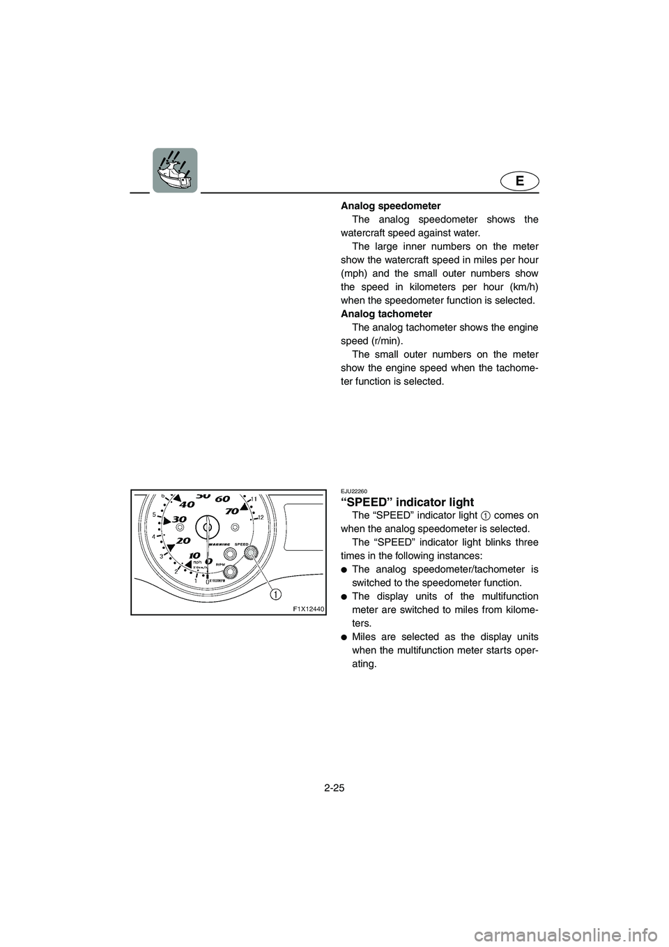 YAMAHA FX HO 2006 Workshop Manual 2-25
E
Analog speedometer
The analog speedometer shows the
watercraft speed against water.
The large inner numbers on the meter
show the watercraft speed in miles per hour
(mph) and the small outer n YAMAHA FX HO 2006 Workshop Manual 2-25
E
Analog speedometer
The analog speedometer shows the
watercraft speed against water.
The large inner numbers on the meter
show the watercraft speed in miles per hour
(mph) and the small outer n