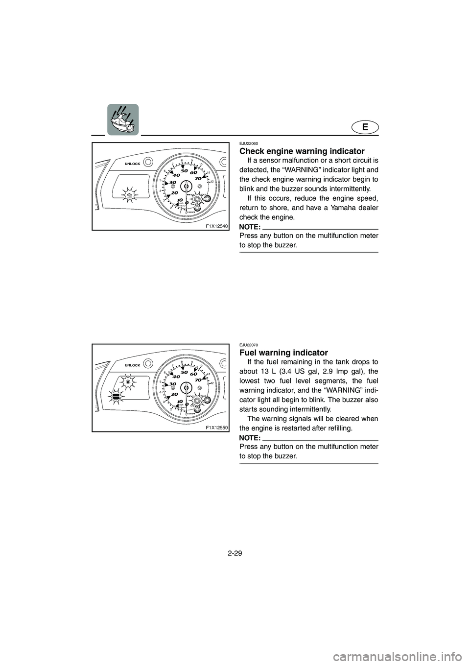 YAMAHA FX HO 2006 Workshop Manual 2-29
E
EJU22060
Check engine warning indicator
If a sensor malfunction or a short circuit is
detected, the “WARNING” indicator light and
the check engine warning indicator begin to
blink and the YAMAHA FX HO 2006 Workshop Manual 2-29
E
EJU22060
Check engine warning indicator
If a sensor malfunction or a short circuit is
detected, the “WARNING” indicator light and
the check engine warning indicator begin to
blink and the
