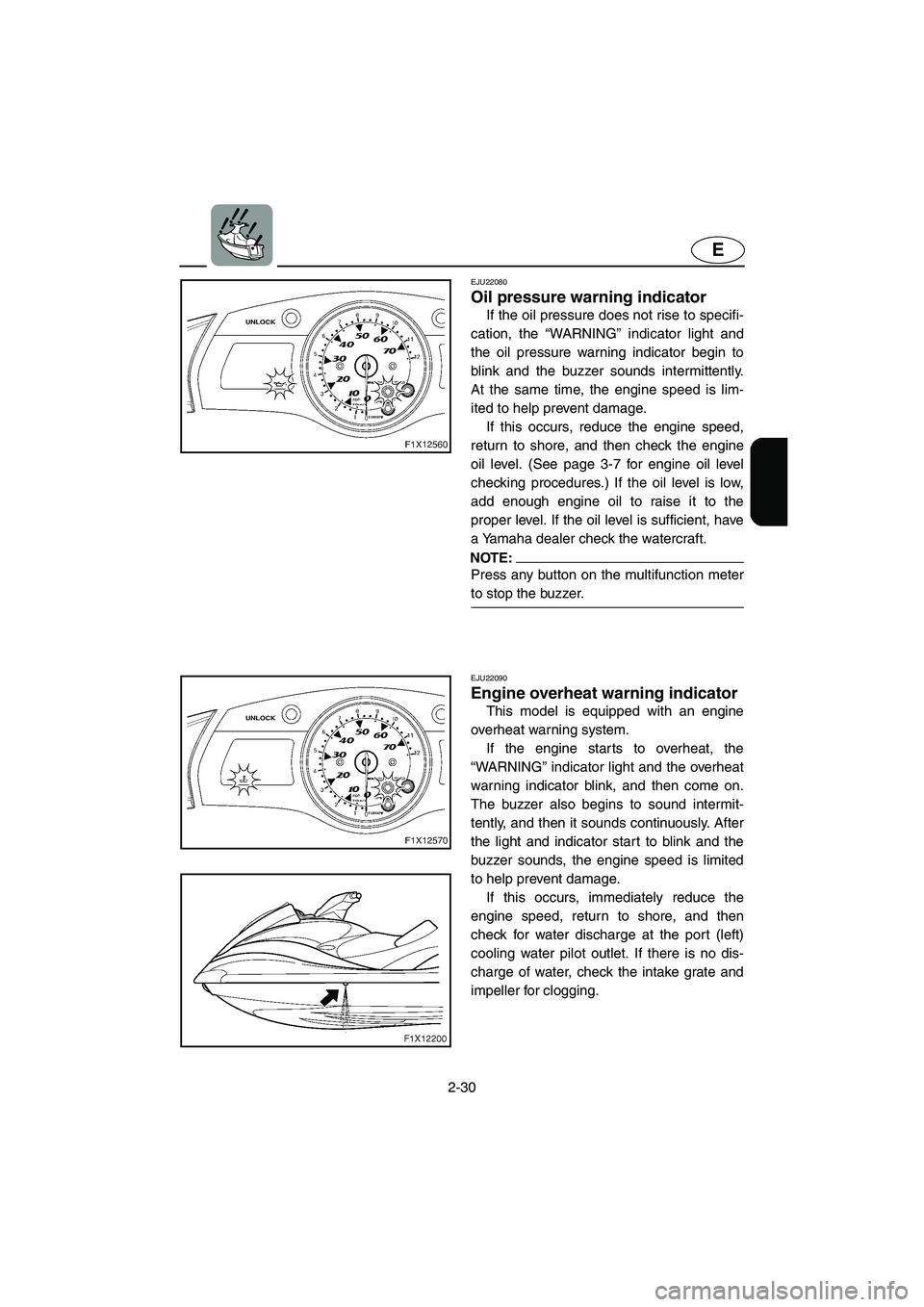 YAMAHA FX HO 2006  Owners Manual 2-30
E
EJU22080 
Oil pressure warning indicator 
If the oil pressure does not rise to specifi-
cation, the “WARNING” indicator light and
the oil pressure warning indicator begin to
blink and the b