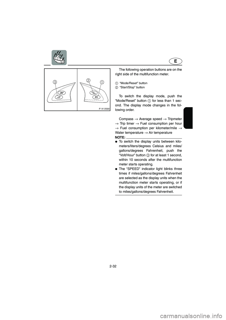 YAMAHA FX HO CRUISER 2006 Owners Manual 2-32
E
The following operation buttons are on the
right side of the multifunction meter.
1
“Mode/Reset” button
2
“Start/Stop” button
To switch the display mode, push the
“Mode/Reset” butt YAMAHA FX HO CRUISER 2006 Owners Manual 2-32
E
The following operation buttons are on the
right side of the multifunction meter.
1
“Mode/Reset” button
2
“Start/Stop” button
To switch the display mode, push the
“Mode/Reset” butt