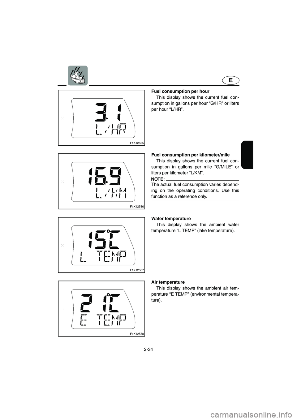 YAMAHA FX HO 2006 Repair Manual 2-34
E
Fuel consumption per hour 
This display shows the current fuel con-
sumption in gallons per hour “G/HR” or liters
per hour “L/HR”.
Fuel consumption per kilometer/mile 
This display show