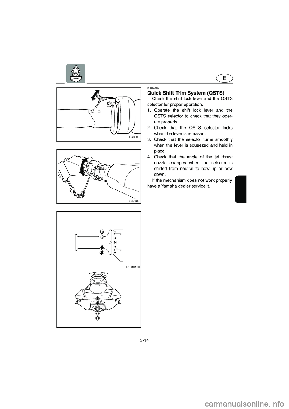 YAMAHA FX HO 2006 Manual Online 3-14
E
EJU20620 
Quick Shift Trim System (QSTS) 
Check the shift lock lever and the QSTS
selector for proper operation. 
1. Operate the shift lock lever and the
QSTS selector to check that they oper-
