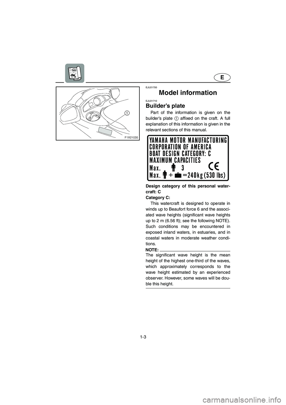 YAMAHA FX HO CRUISER 2006  Owners Manual 1-3
E
EJU21700 
Model information  
EJU21710 
Builder’s plate 
Part of the information is given on the
builder’s plate 1 affixed on the craft. A full
explanation of this information is given in th