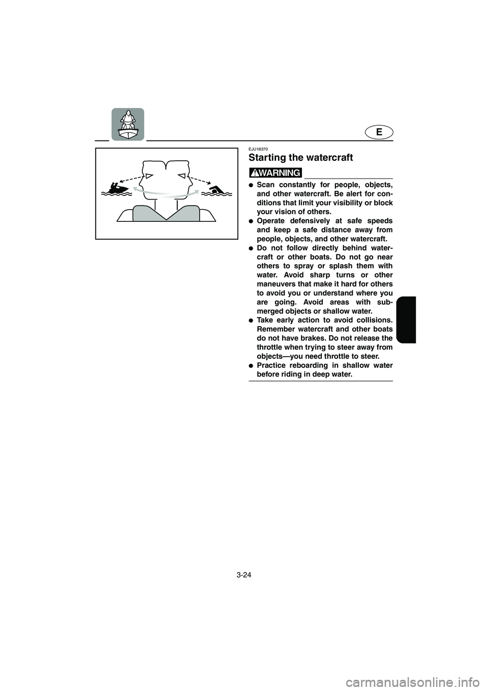 YAMAHA FX HO 2006  Owners Manual 3-24
E
EJU18370 
Starting the watercraft 
WARNING@ Scan constantly for people, objects,
and other watercraft. Be alert for con-
ditions that limit your visibility or block
your vision of others. 
Op