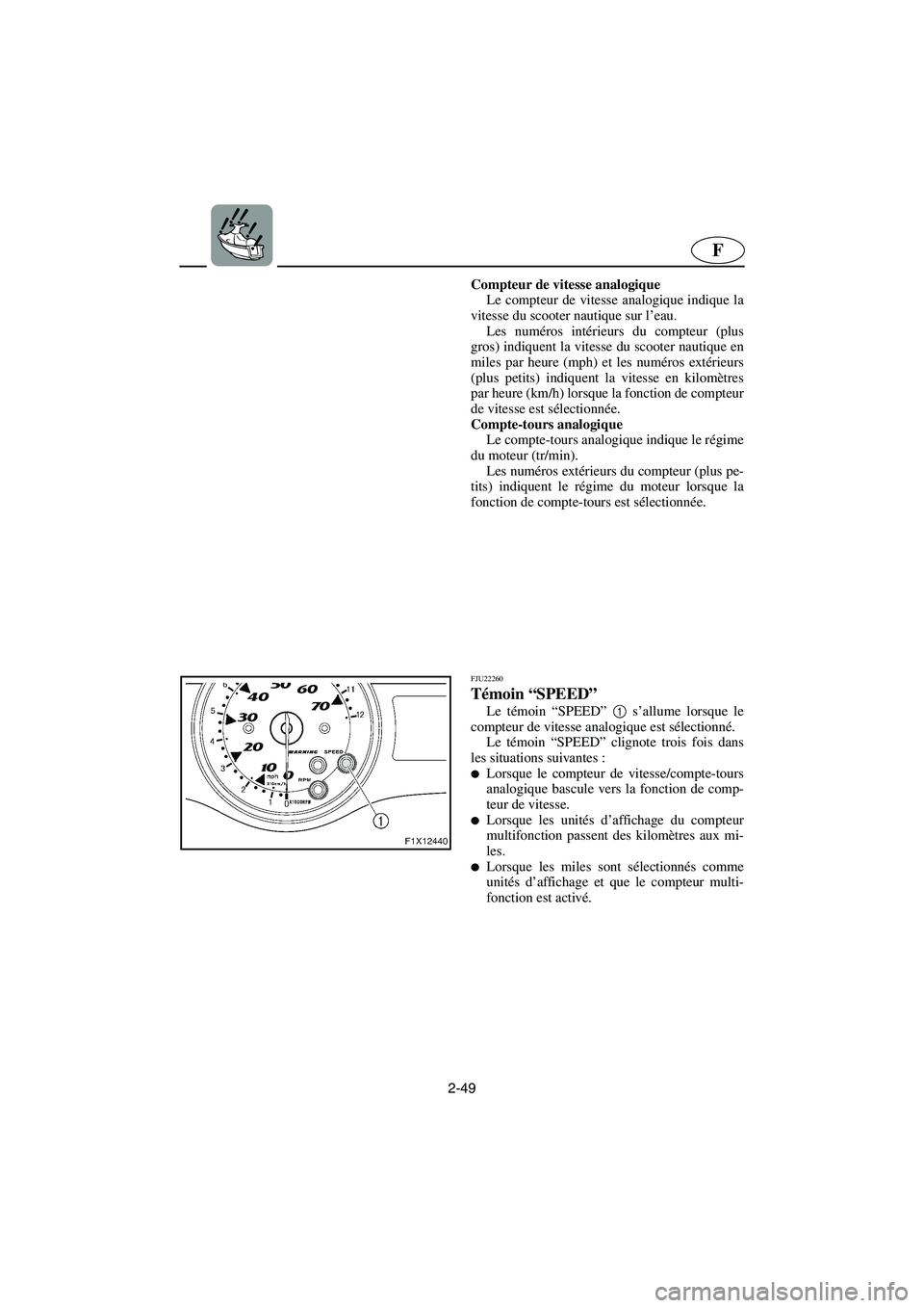 YAMAHA FX HO 2006 Notices Demploi (in French) 2-49
F
Compteur de vitesse analogique
Le compteur de vitesse analogique indique la
vitesse du scooter nautique sur l’eau.
Les numéros intérieurs du compteur (plus
gros) indiquent la vitesse du sc YAMAHA FX HO 2006 Notices Demploi (in French) 2-49
F
Compteur de vitesse analogique
Le compteur de vitesse analogique indique la
vitesse du scooter nautique sur l’eau.
Les numéros intérieurs du compteur (plus
gros) indiquent la vitesse du sc