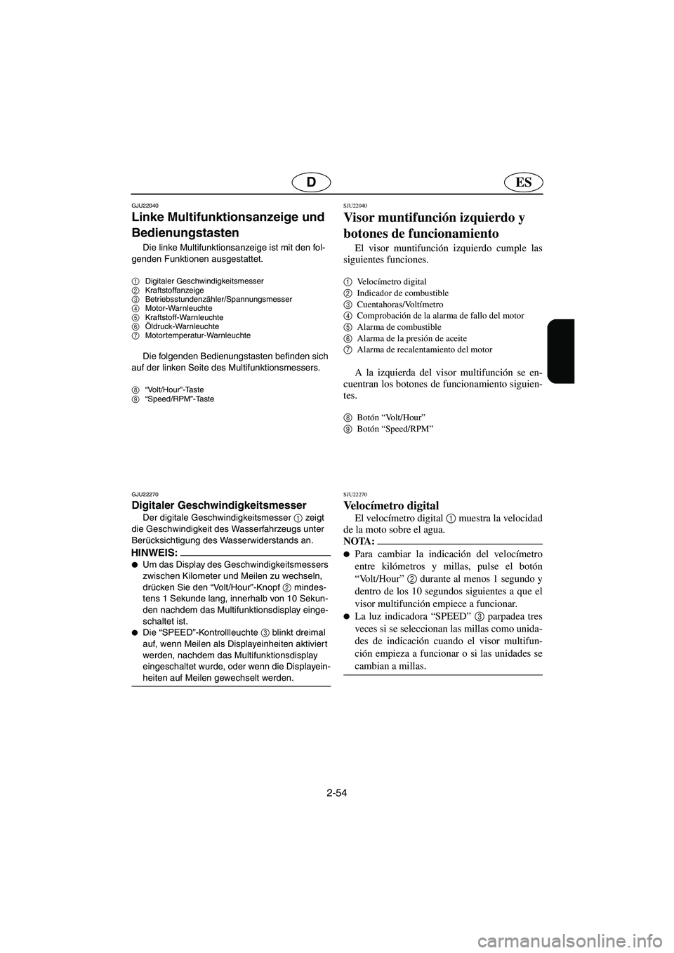 YAMAHA FX HO 2006  Manuale de Empleo (in Spanish) 2-54
ESD
GJU22040
Linke Multifunktionsanzeige und 
Bedienungstasten 
Die linke Multifunktionsanzeige ist mit den fol-
genden Funktionen ausgestattet.
1
Digitaler Geschwindigkeitsmesser 
2
Kraftstoffan