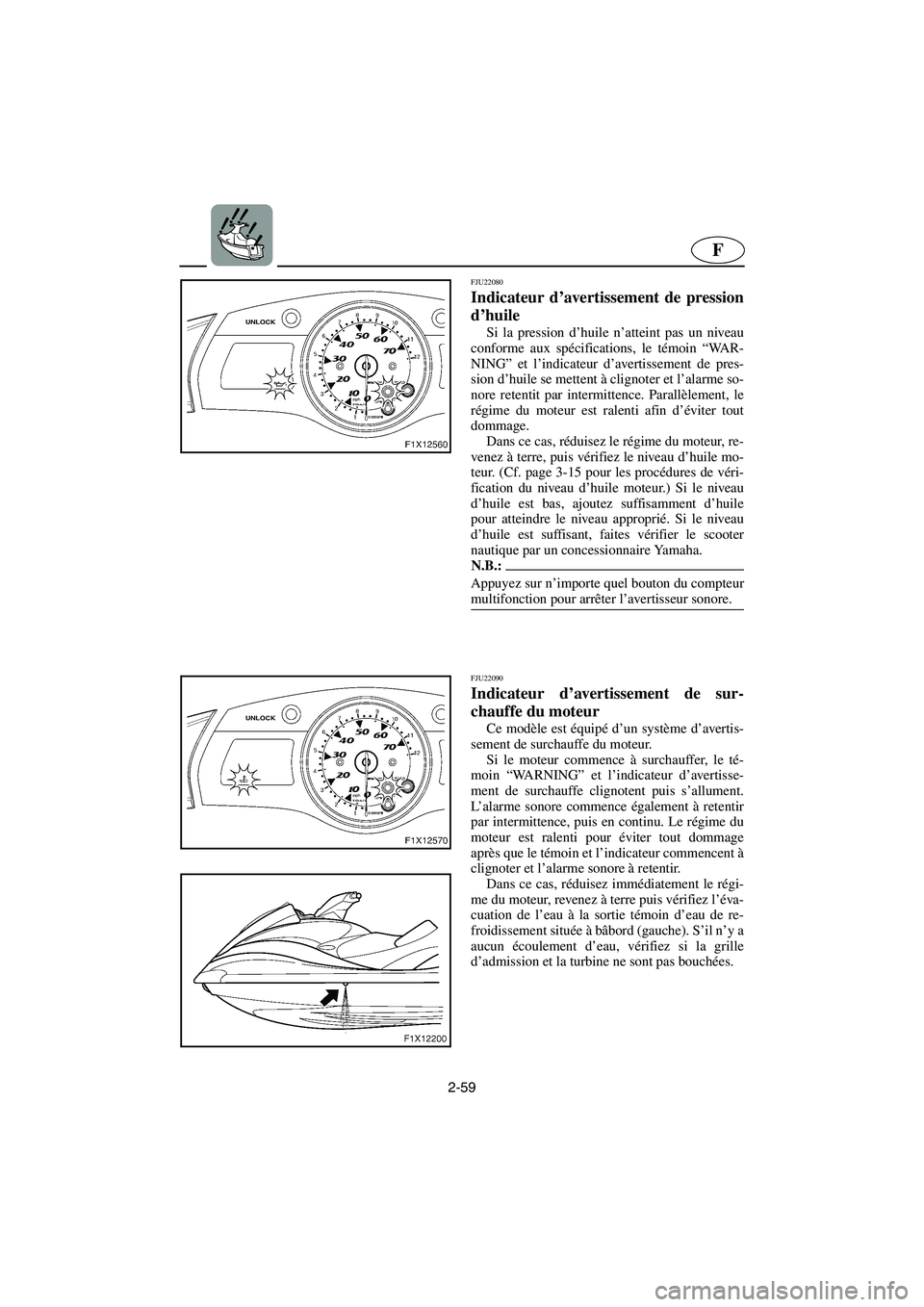 YAMAHA FX HO 2006  Manuale de Empleo (in Spanish) 2-59
F
FJU22080
Indicateur d’avertissement de pression
d’huile 
Si la pression d’huile n’atteint pas un niveau
conforme aux spécifications, le témoin “WA R -
NING” et l’indicateur d’