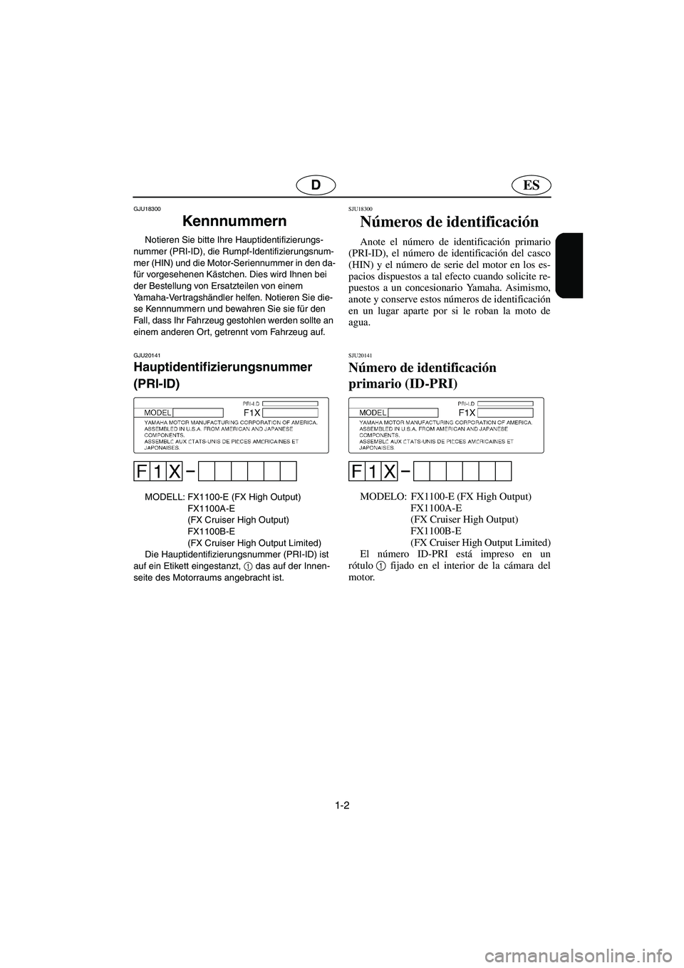 YAMAHA FX HO CRUISER 2006 Manuale de Empleo (in Spanish) 1-2
ESD
GJU18300
Kennnummern
Notieren Sie bitte Ihre Hauptidentifizierungs-
nummer (PRI-ID), die Rumpf-Identifizierungsnum-
mer (HIN) und die Motor-Seriennummer in den da-
für vorgesehenen Kästche YAMAHA FX HO CRUISER 2006 Manuale de Empleo (in Spanish) 1-2
ESD
GJU18300
Kennnummern
Notieren Sie bitte Ihre Hauptidentifizierungs-
nummer (PRI-ID), die Rumpf-Identifizierungsnum-
mer (HIN) und die Motor-Seriennummer in den da-
für vorgesehenen Kästche