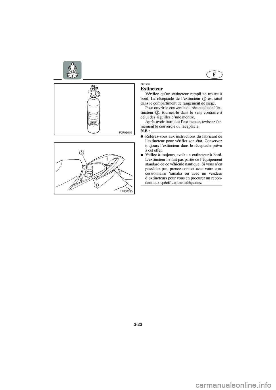 YAMAHA FX HO 2006  Notices Demploi (in French) 3-23
F
FJU18640
Extincteur 
Vérifiez qu’un extincteur rempli se trouve à
bord. Le réceptacle de l’extincteur 1
 est situé
dans le compartiment de rangement de siège. 
Pour ouvrir le couvercle