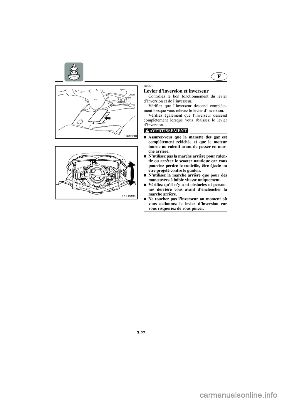YAMAHA FX HO 2006  Notices Demploi (in French) 3-27
F
FJU12451
Levier d’inversion et inverseur 
Contrôlez le bon fonctionnement du levier
d’inversion et de l’inverseur. 
Vérifiez que l’inverseur descend complète-
ment lorsque vous relev