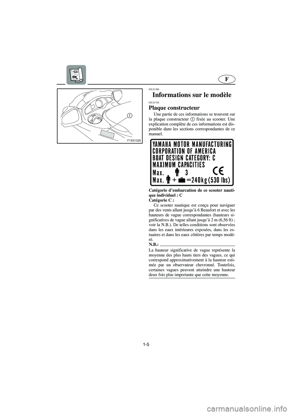 YAMAHA FX HO 2006  Manuale de Empleo (in Spanish) 1-5
F
FJU21700
Informations sur le modèle  
FJU21710
Plaque constructeur 
Une partie de ces informations se trouvent sur
la plaque constructeur 1
 fixée au scooter. Une
explication complète de ces 