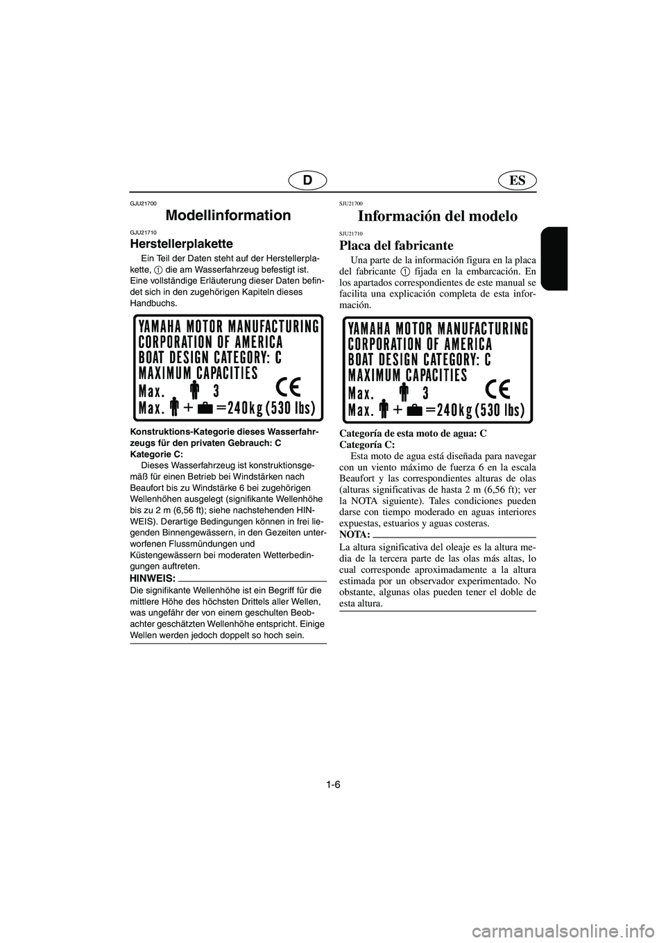 YAMAHA FX HO 2006  Manuale de Empleo (in Spanish) 1-6
ESD
GJU21700
Modellinformation  
GJU21710
Herstellerplakette 
Ein Teil der Daten steht auf der Herstellerpla-
kette, 1
 die am Wasserfahrzeug befestigt ist. 
Eine vollständige Erläuterung dieser