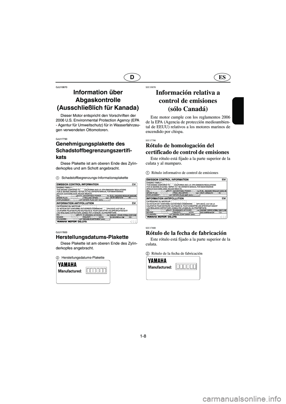 YAMAHA FX HO 2006  Manuale de Empleo (in Spanish) 1-8
ESD
GJU19870
Information über 
Abgaskontrolle 
(Ausschließlich für Kanada) 
Dieser Motor entspricht den Vorschriften der 
2006 U.S. Environmental Protection Agency (EPA 
- Agentur für Umweltsc