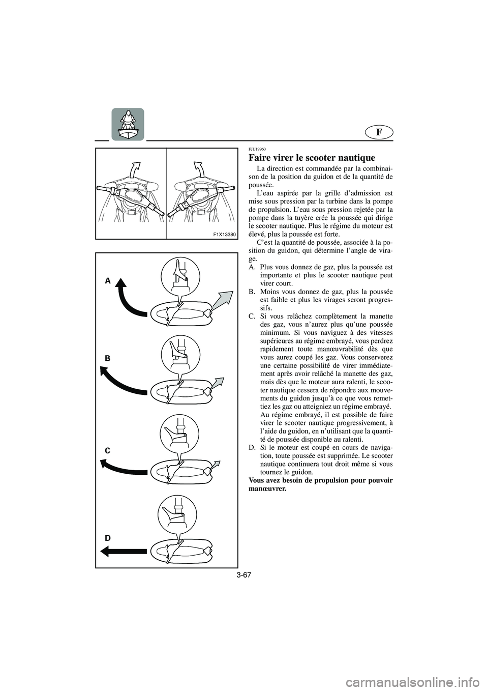 YAMAHA FX HO 2006  Notices Demploi (in French) 3-67
F
FJU19960
Faire virer le scooter nautique 
La direction est commandée par la combinai-
son de la position du guidon et de la quantité de
poussée. 
L’eau aspirée par la grille d’admission