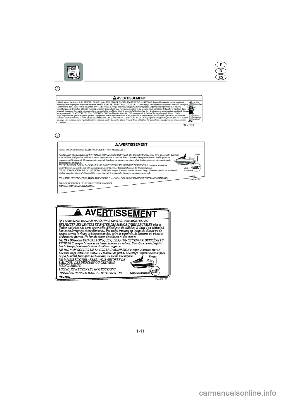 YAMAHA FX HO 2006  Manuale de Empleo (in Spanish) 1-11
D
F
ES
3 2
A_F1X80.book  Page 11  Friday, September 2, 2005  8:50 AM 