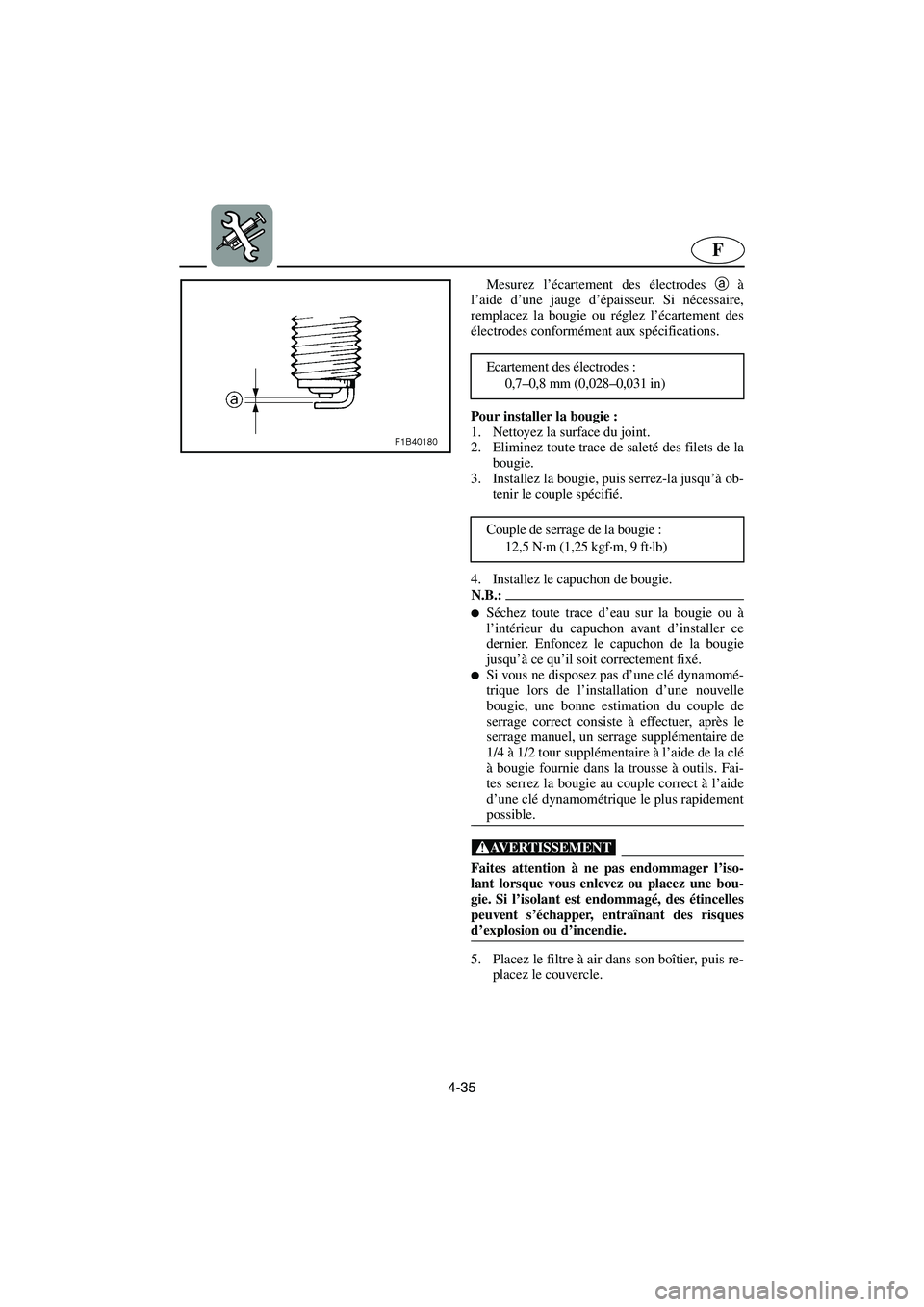 YAMAHA FX HO 2006 Notices Demploi (in French) 4-35
F
Mesurez l’écartement des électrodes a à
l’aide d’une jauge d’épaisseur. Si nécessaire,
remplacez la bougie ou réglez l’écartement des
électrodes conformément aux spécificati YAMAHA FX HO 2006 Notices Demploi (in French) 4-35
F
Mesurez l’écartement des électrodes a à
l’aide d’une jauge d’épaisseur. Si nécessaire,
remplacez la bougie ou réglez l’écartement des
électrodes conformément aux spécificati