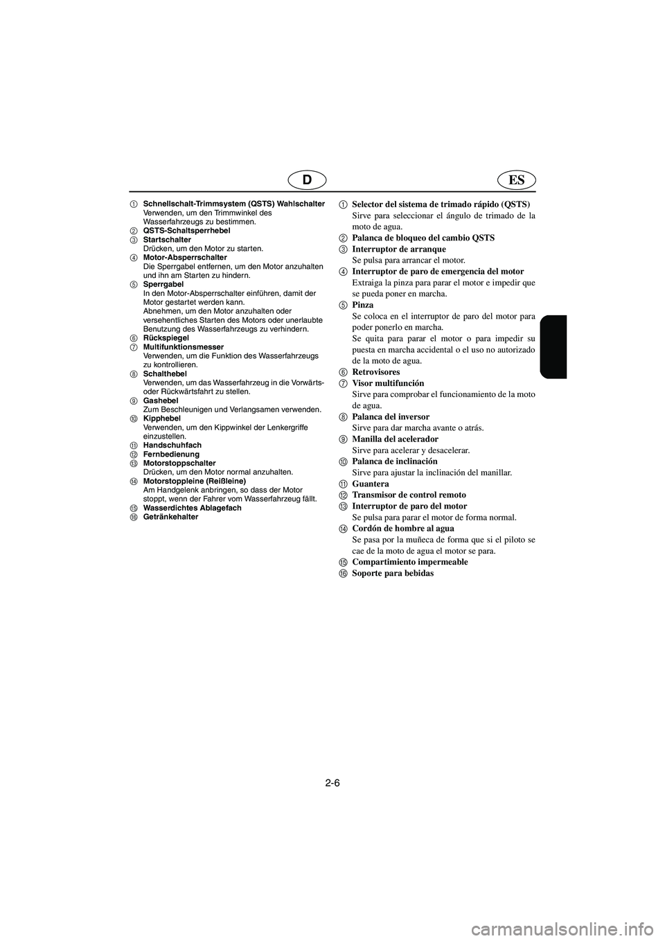 YAMAHA FX HO 2006 Notices Demploi (in French) 2-6
ESD
1Schnellschalt-Trimmsystem (QSTS) Wahlschalter
Verwenden, um den Trimmwinkel des
Wasserfahrzeugs zu bestimmen.
2QSTS-Schaltsperrhebel
3Startschalter
Drücken, um den Motor zu starten.
4Motor- YAMAHA FX HO 2006 Notices Demploi (in French) 2-6
ESD
1Schnellschalt-Trimmsystem (QSTS) Wahlschalter
Verwenden, um den Trimmwinkel des
Wasserfahrzeugs zu bestimmen.
2QSTS-Schaltsperrhebel
3Startschalter
Drücken, um den Motor zu starten.
4Motor-