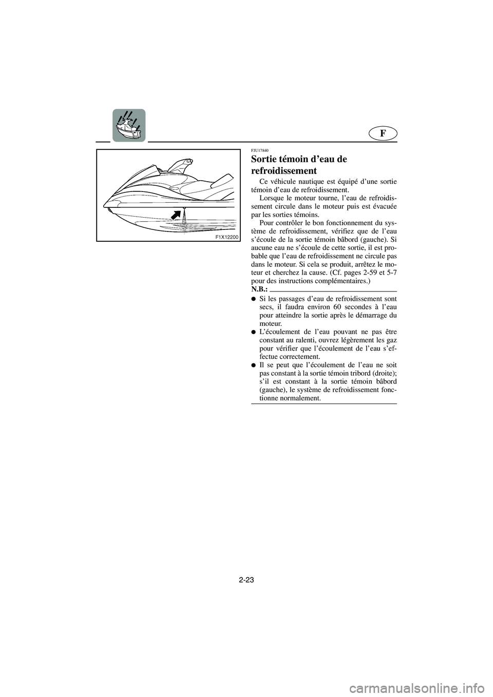 YAMAHA FX HO 2006 Notices Demploi (in French) 2-23
F
FJU17840
Sortie témoin d’eau de
refroidissement
Ce véhicule nautique est équipé d’une sortie
témoin d’eau de refroidissement.
Lorsque le moteur tourne, l’eau de refroidis-
sem YAMAHA FX HO 2006 Notices Demploi (in French) 2-23
F
FJU17840
Sortie témoin d’eau de
refroidissement
Ce véhicule nautique est équipé d’une sortie
témoin d’eau de refroidissement.
Lorsque le moteur tourne, l’eau de refroidis-
sem