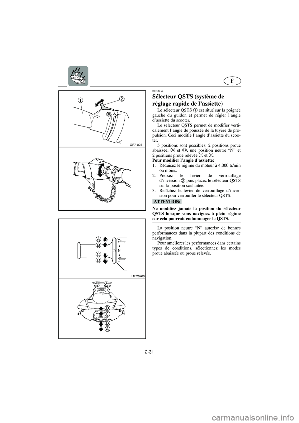 YAMAHA FX HO 2006 Notices Demploi (in French) 2-31
F
FJU17850
Sélecteur QSTS (système de
réglage rapide de l’assiette)
Le sélecteur QSTS 1
est situé sur la poignée
gauche du guidon et permet de régler l’angle
d’assiette du scoot YAMAHA FX HO 2006 Notices Demploi (in French) 2-31
F
FJU17850
Sélecteur QSTS (système de
réglage rapide de l’assiette)
Le sélecteur QSTS 1
est situé sur la poignée
gauche du guidon et permet de régler l’angle
d’assiette du scoot