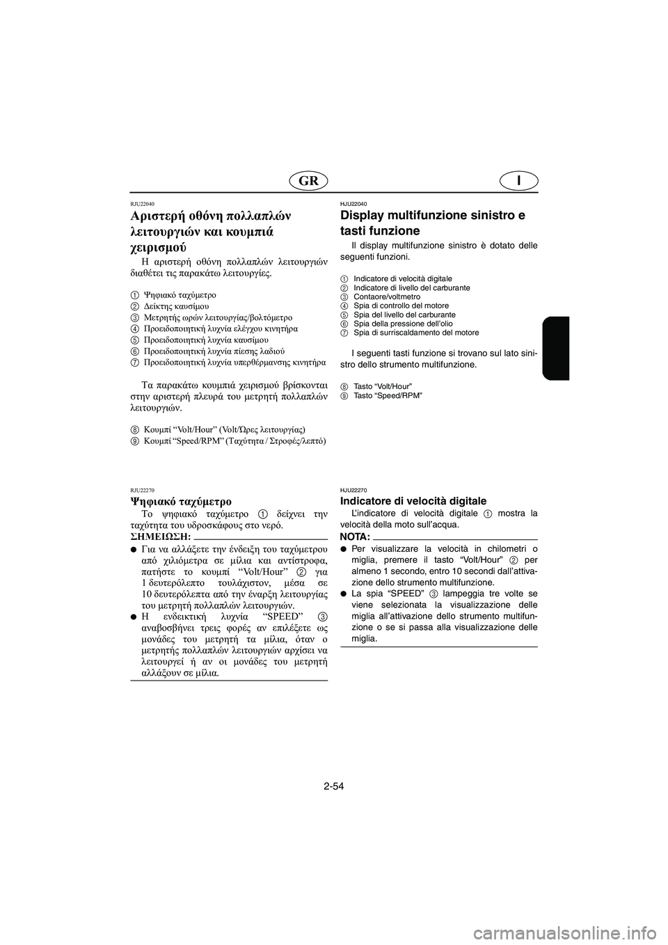 YAMAHA FX HO 2006  Manual de utilização (in Portuguese) 2-54
IGR
RJU22040
Αριστερή οθόνη πολλαπλών 
λειτουργιών και κουμπιά 
χειρισμού 
Η αριστερή οθόνη πολλαπλών λειτουργι