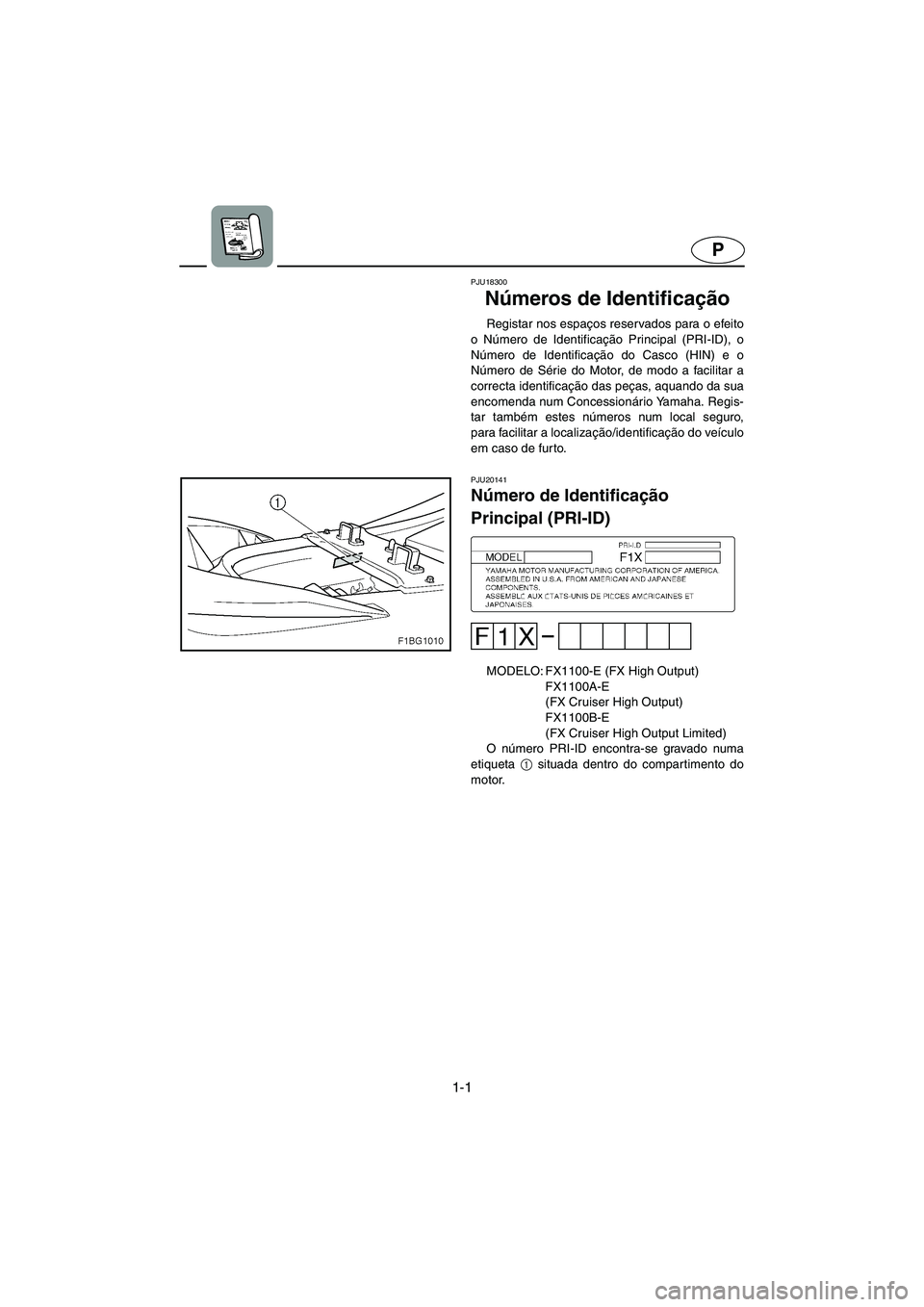 YAMAHA FX HO 2006  Manual de utilização (in Portuguese) 1-1
P
PJU18300 
Números de Identificação  
Registar nos espaços reservados para o efeito
o Número de Identificação Principal (PRI-ID), o
Número de Identificação do Casco (HIN) e o
Número de