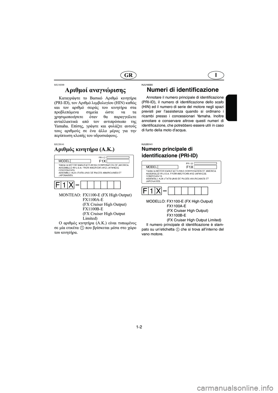 YAMAHA FX HO 2006  Manual de utilização (in Portuguese) 1-2
IGR
RJU18300 
Αριθμοί αναγνώρισης  
Καταγράψτε το Βασικό Αριθμό κινητήρα
(PRI-ID), τον Αριθμό λεμβολογίου (HIN) καθώς
κ�