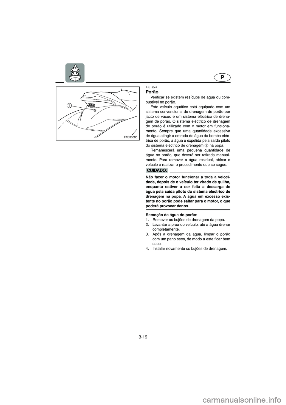 YAMAHA FX HO 2006  ΟΔΗΓΌΣ ΧΡΉΣΗΣ (in Greek) 3-19
P
PJU18042
Porão 
Verificar se existem resíduos de água ou com-
bustível no porão.
Este veículo aquático está equipado com um
sistema convencional de drenagem de porão por
jacto de vácu