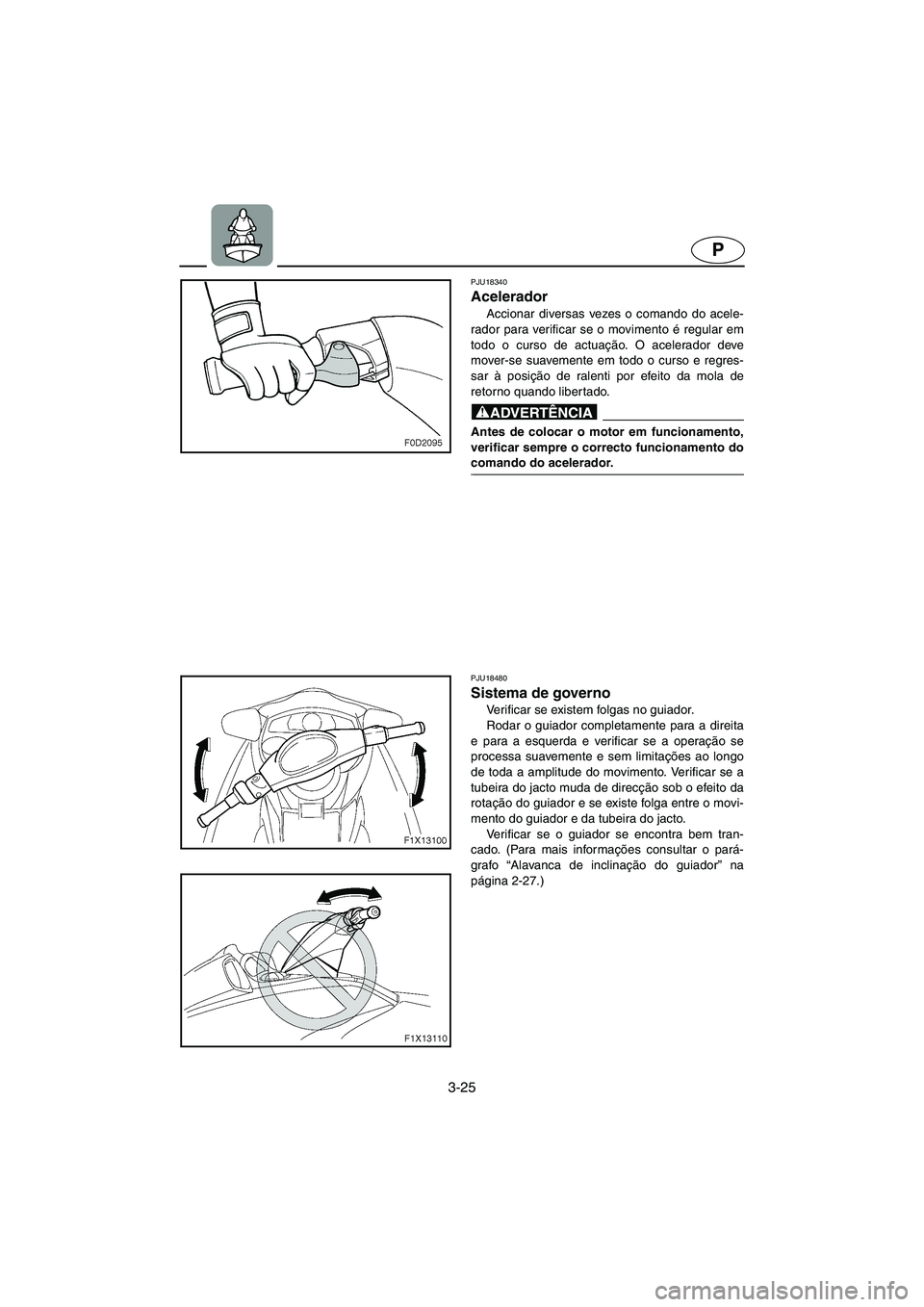 YAMAHA FX HO 2006  Manual de utilização (in Portuguese) 3-25
P
PJU18340 
Acelerador  
Accionar diversas vezes o comando do acele-
rador para verificar se o movimento é regular em
todo o curso de actuação. O acelerador deve
mover-se suavemente em todo o 