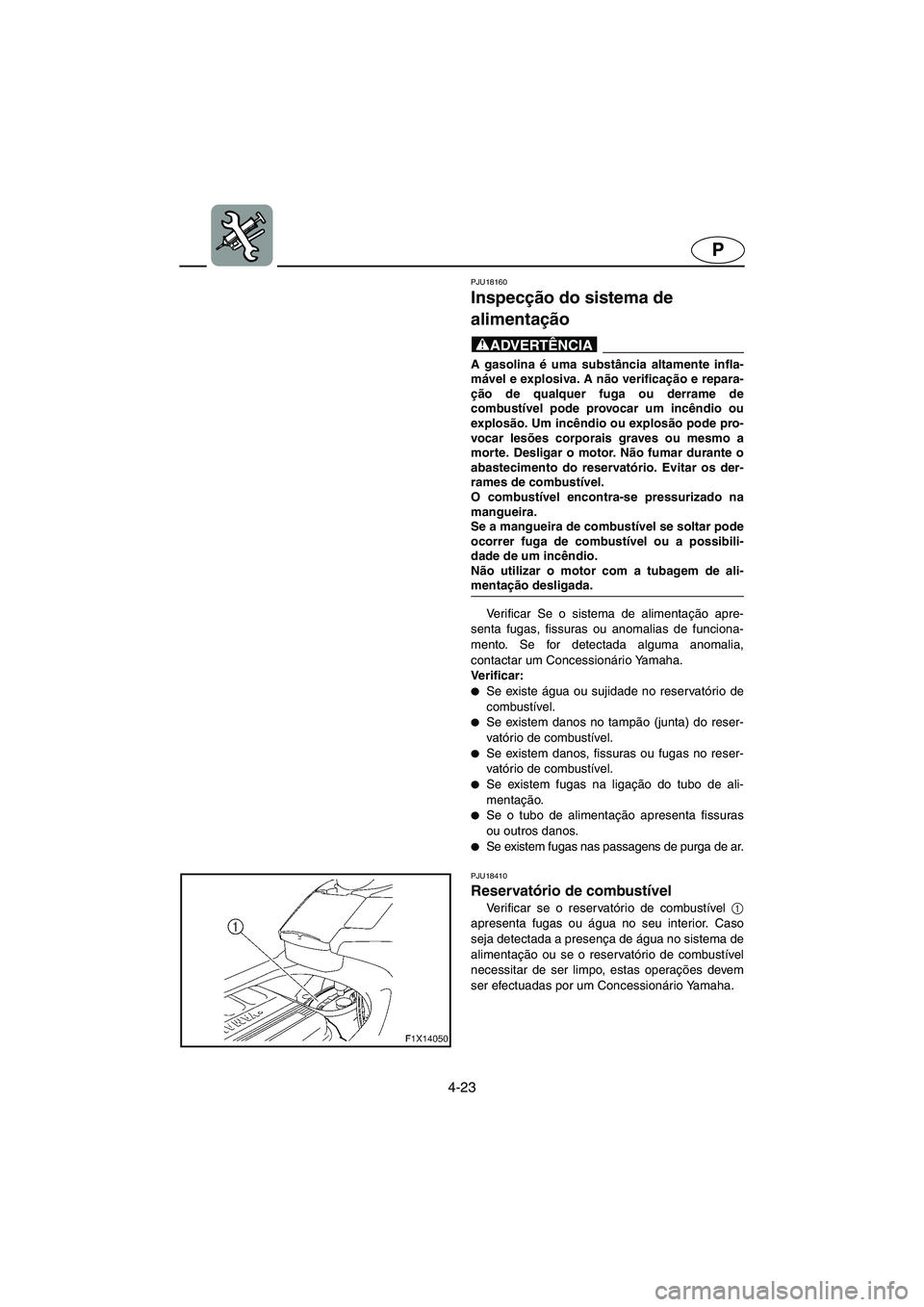 YAMAHA FX HO 2006  Manual de utilização (in Portuguese) 4-23
P
PJU18160
Inspecção do sistema de 
alimentação 
@ A gasolina é uma substância altamente infla-
mável e explosiva. A não verificação e repara-
ção de qualquer fuga ou derrame de
combu