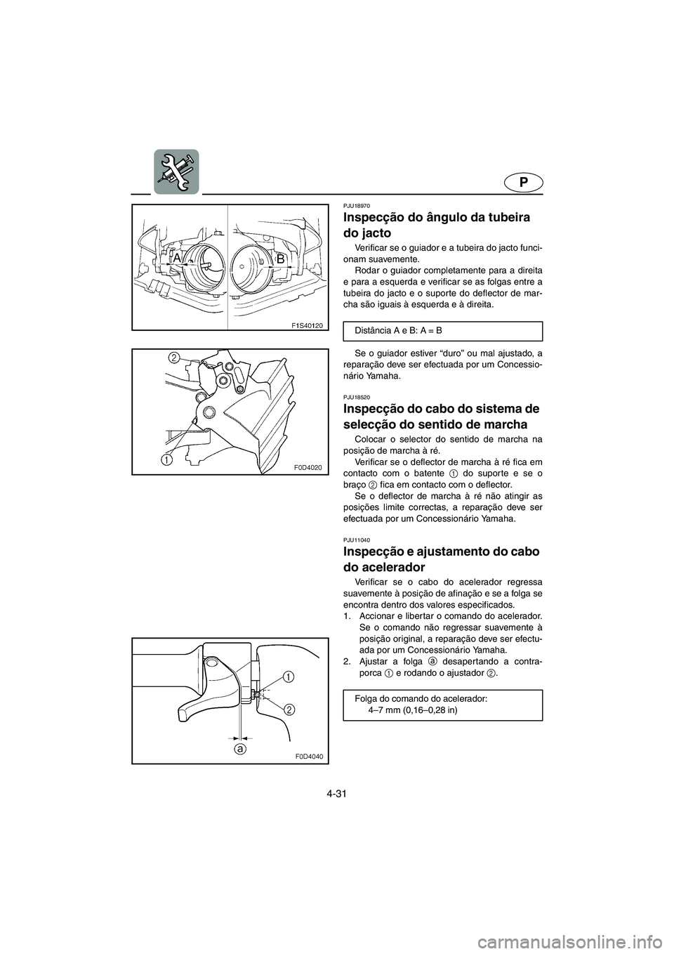 YAMAHA FX HO 2006  Manual de utilização (in Portuguese) 4-31
P
PJU18970 
Inspecção do ângulo da tubeira 
do jacto 
Verificar se o guiador e a tubeira do jacto funci-
onam suavemente. 
Rodar o guiador completamente para a direita
e para a esquerda e veri