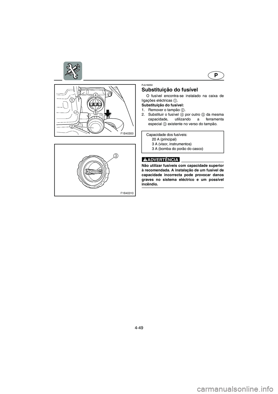 YAMAHA FX HO 2006  Manual de utilização (in Portuguese) 4-49
P
PJU18250 
Substituição do fusível  
O fusível encontra-se instalado na caixa de
ligações eléctricas 1
. 
Substituição do fusível: 
1. Remover o tampão 2
. 
2. Substituir o fusível 4