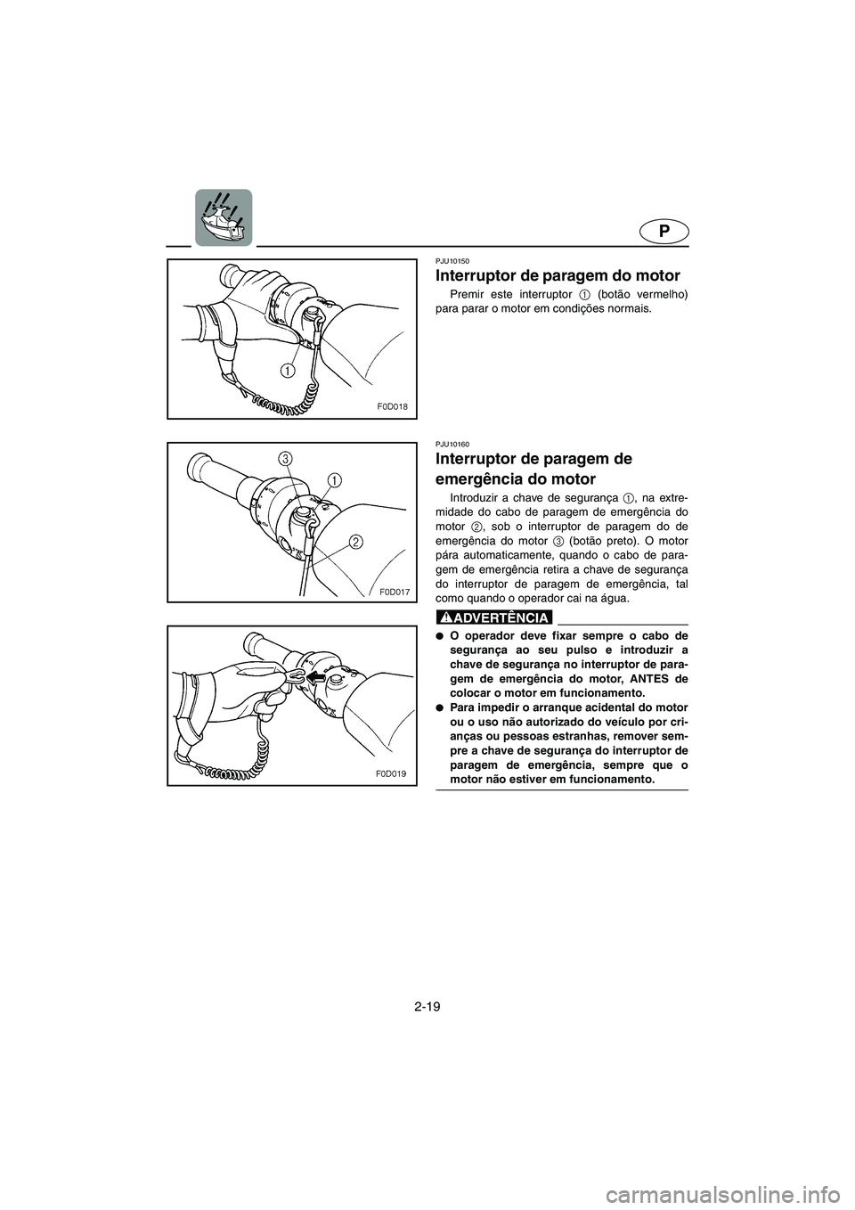 YAMAHA FX HO 2006 Manual de utilização (in Portuguese) 2-19
P
PJU10150
Interruptor de paragem do motor
Premir este interruptor 1
(botão vermelho)
para parar o motor em condições normais.
PJU10160
Interruptor de paragem de
emergência do motor
YAMAHA FX HO 2006 Manual de utilização (in Portuguese) 2-19
P
PJU10150
Interruptor de paragem do motor
Premir este interruptor 1
(botão vermelho)
para parar o motor em condições normais.
PJU10160
Interruptor de paragem de
emergência do motor