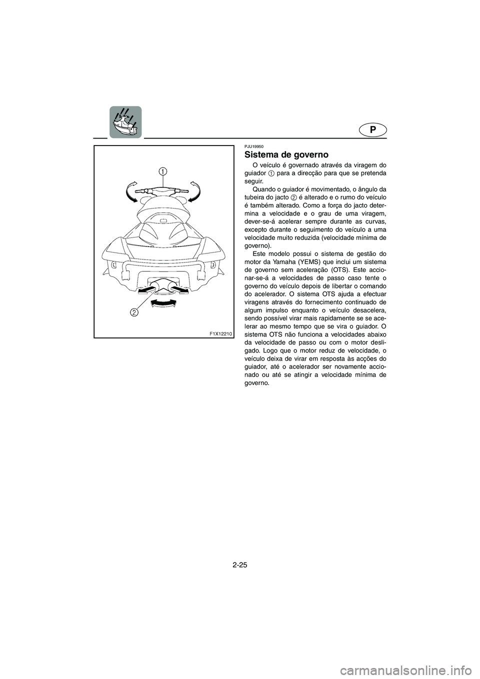 YAMAHA FX HO 2006  Manual de utilização (in Portuguese) 2-25
P
PJU19950
Sistema de governo 
O veículo é governado através da viragem do
guiador 1
 para a direcção para que se pretenda
seguir. 
Quando o guiador é movimentado, o ângulo da
tubeira do j