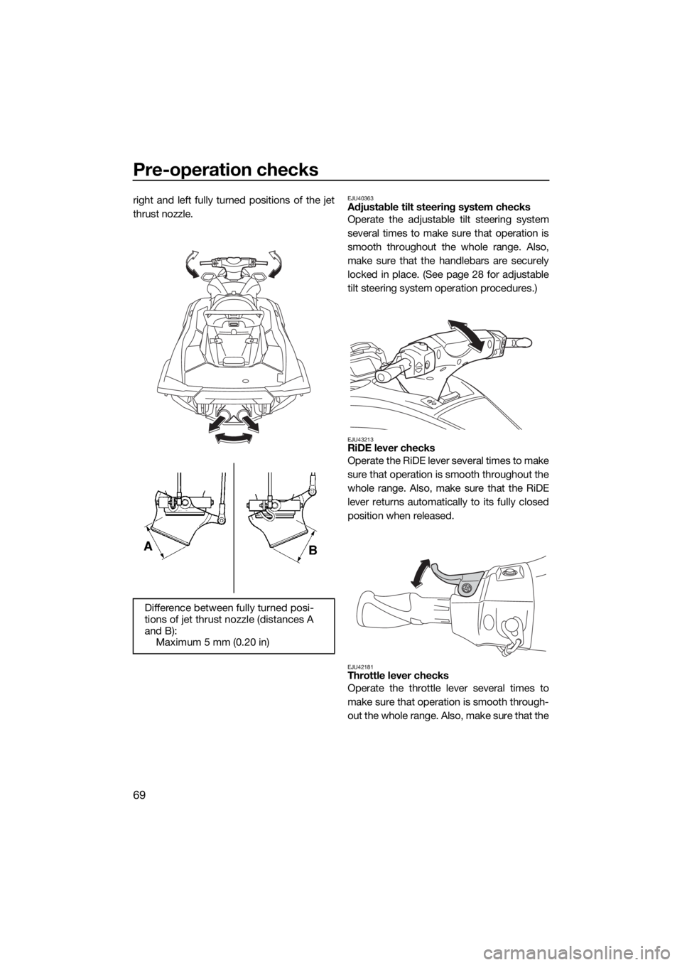 YAMAHA FX HO CRUISER 2020 Manual PDF Pre-operation checks
69
right and left fully turned positions of the jet
thrust nozzle.EJU40363Adjustable tilt steering system checks
Operate the adjustable tilt steering system
several times to make YAMAHA FX HO CRUISER 2020 Manual PDF Pre-operation checks
69
right and left fully turned positions of the jet
thrust nozzle.EJU40363Adjustable tilt steering system checks
Operate the adjustable tilt steering system
several times to make