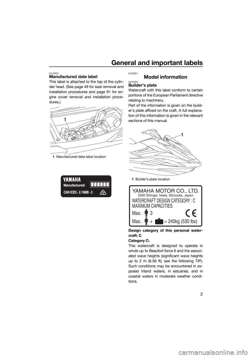 YAMAHA FX HO CRUISER 2020 Owners Manual General and important labels
2
EJU42031Manufactured date label
This label is attached to the top of the cylin-
der head. (See page 49 for seat removal and
installation procedures and page 91 for en-
g YAMAHA FX HO CRUISER 2020 Owners Manual General and important labels
2
EJU42031Manufactured date label
This label is attached to the top of the cylin-
der head. (See page 49 for seat removal and
installation procedures and page 91 for en-
g