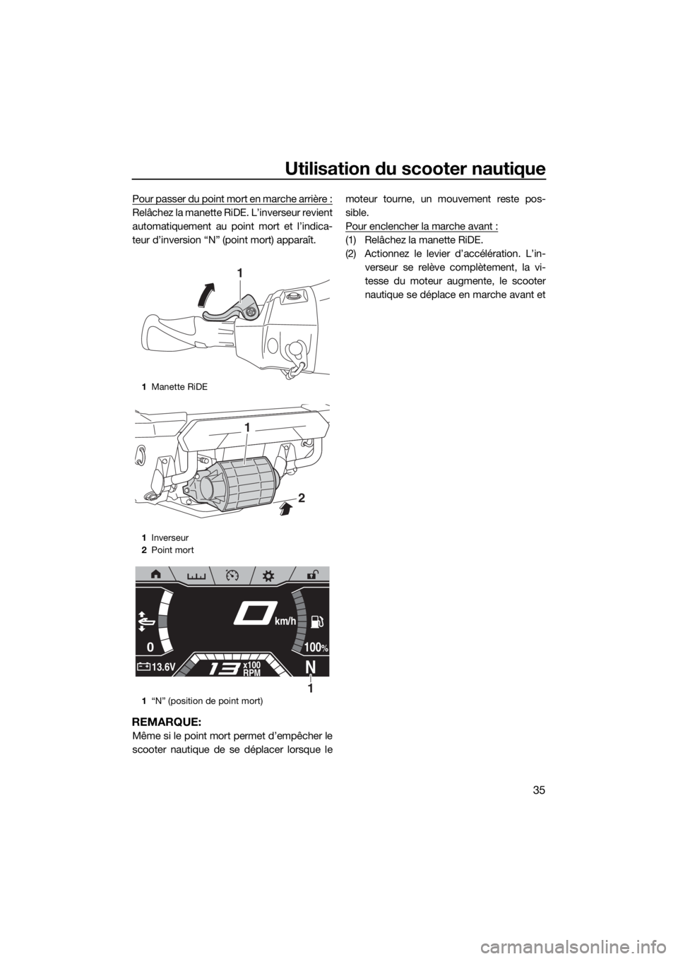 YAMAHA FX HO CRUISER 2020 Notices Demploi (in French) Utilisation du scooter nautique
35
Pour passer du point mort en marche arrière :
Relâchez la manette RiDE. L’inverseur revient
automatiquement au point mort et l’indica-
teur d’inversion “N YAMAHA FX HO CRUISER 2020 Notices Demploi (in French) Utilisation du scooter nautique
35
Pour passer du point mort en marche arrière :
Relâchez la manette RiDE. L’inverseur revient
automatiquement au point mort et l’indica-
teur d’inversion “N
