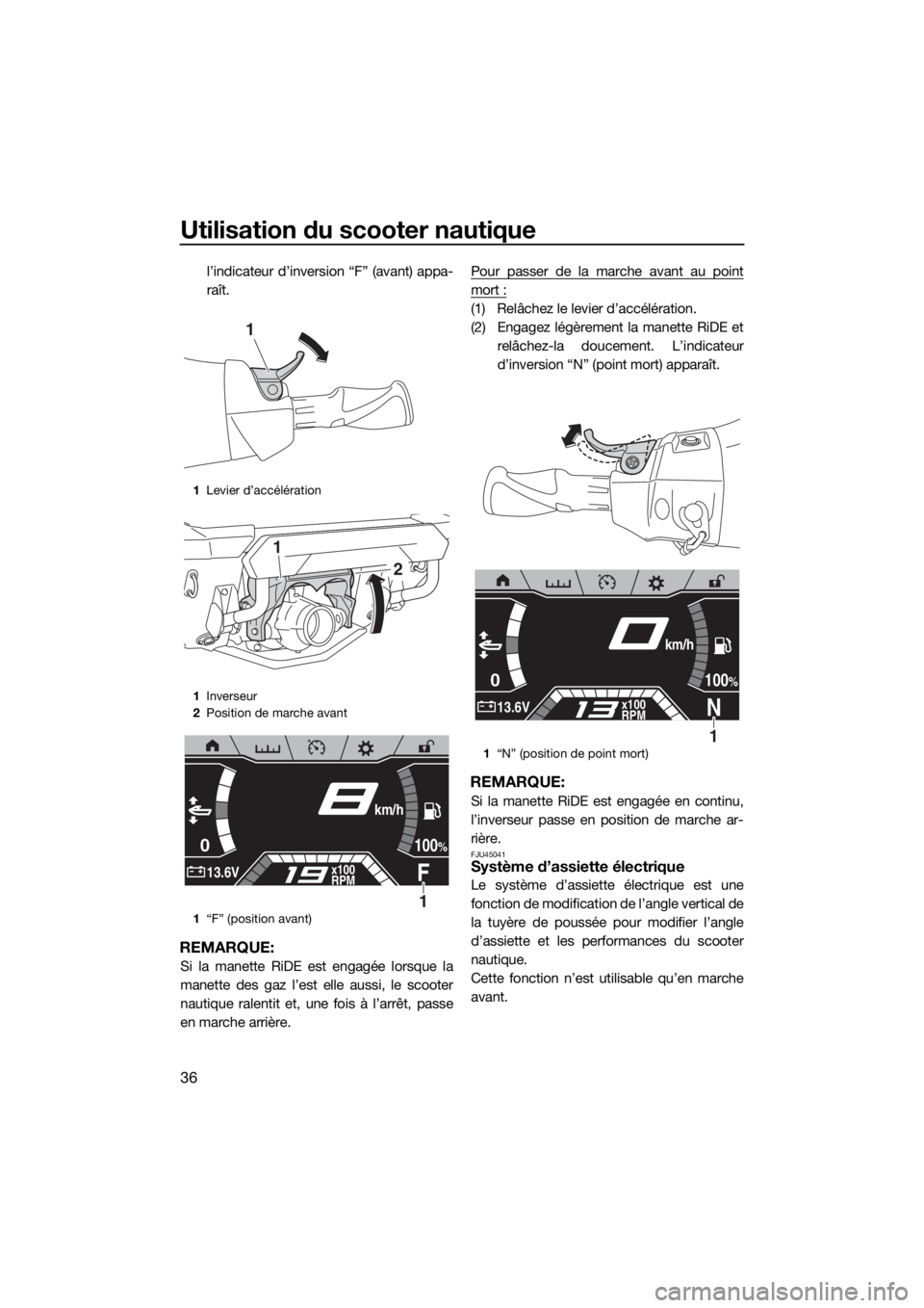 YAMAHA FX HO CRUISER 2020 Notices Demploi (in French) Utilisation du scooter nautique
36
l’indicateur d’inversion “F” (avant) appa-
raît.
REMARQUE:
Si la manette RiDE est engagée lorsque la
manette des gaz l’est elle aussi, le scooter
nautiqu YAMAHA FX HO CRUISER 2020 Notices Demploi (in French) Utilisation du scooter nautique
36
l’indicateur d’inversion “F” (avant) appa-
raît.
REMARQUE:
Si la manette RiDE est engagée lorsque la
manette des gaz l’est elle aussi, le scooter
nautiqu