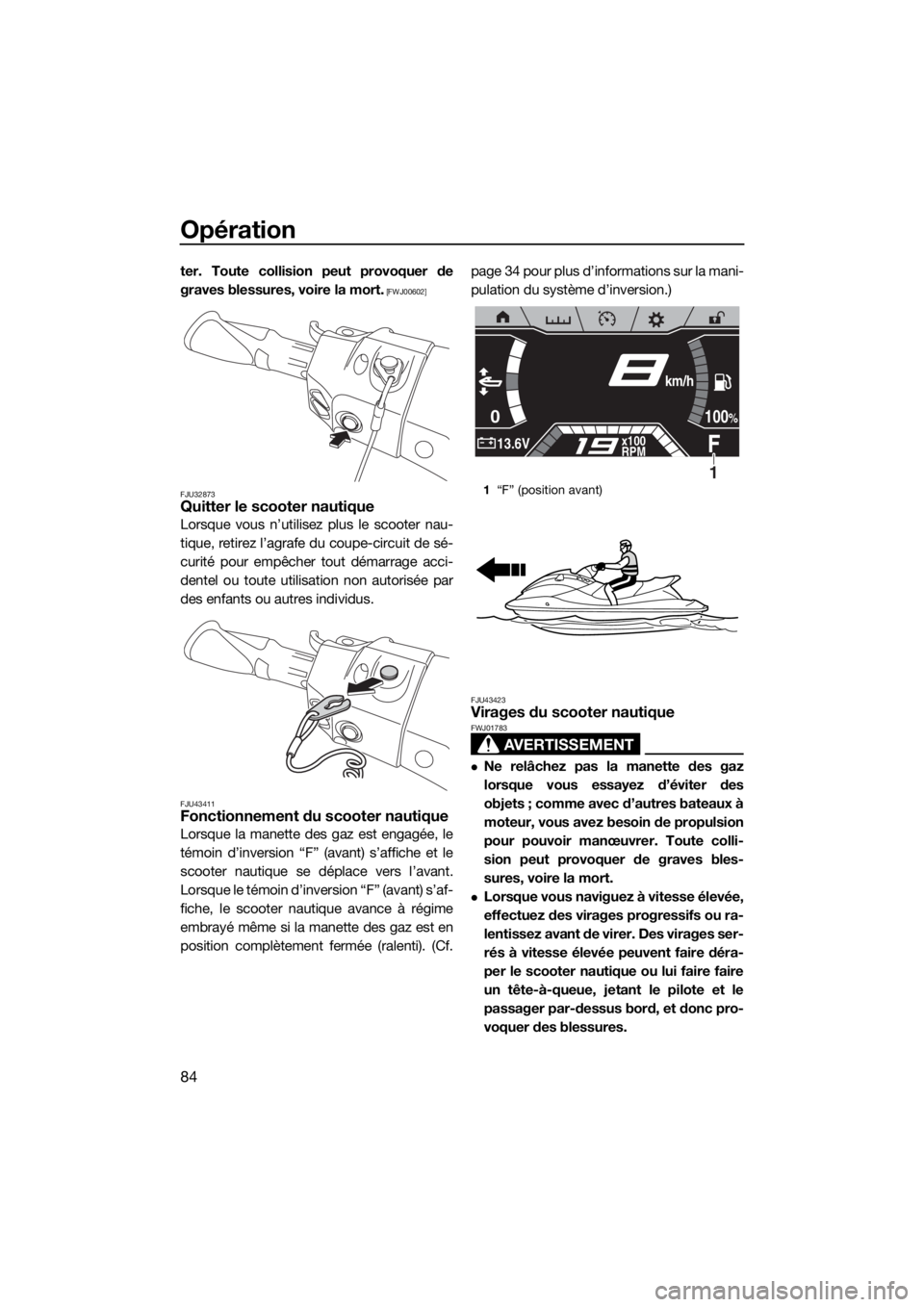 YAMAHA FX HO CRUISER 2020  Notices Demploi (in French) Opération
84
ter. Toute collision peut provoquer de
graves blessures, voire la mort.
 [FWJ00602]
FJU32873
Quitter le scooter nautique
Lorsque vous n’utilisez plus le scooter nau-
tique, retirez l
