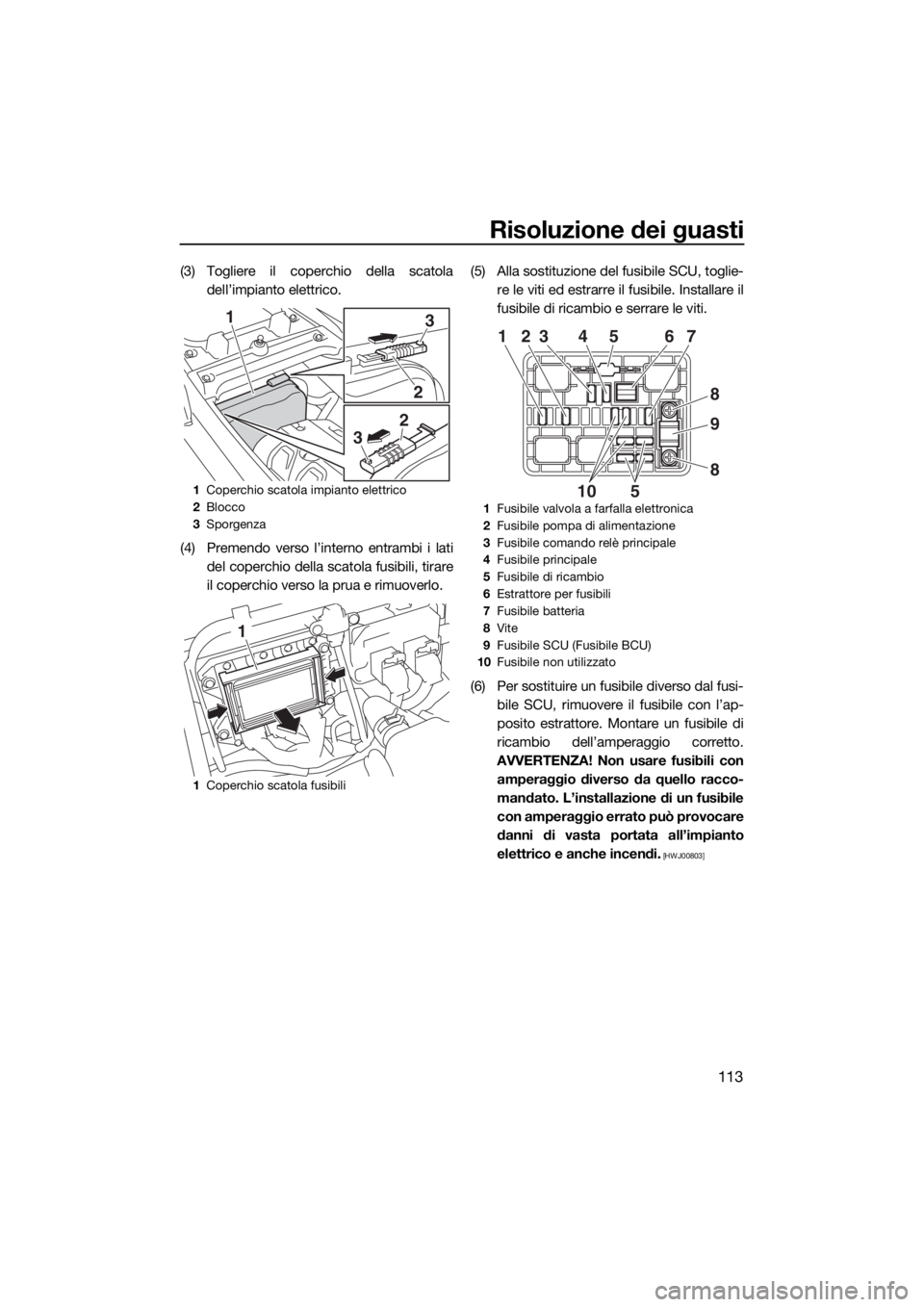 YAMAHA FX HO CRUISER 2020  Manuale duso (in Italian) Risoluzione dei guasti
113
(3) Togliere il coperchio della scatola
dell’impianto elettrico.
(4) Premendo verso l’interno entrambi i lati
del coperchio della scatola fusibili, tirare
il coperchio v