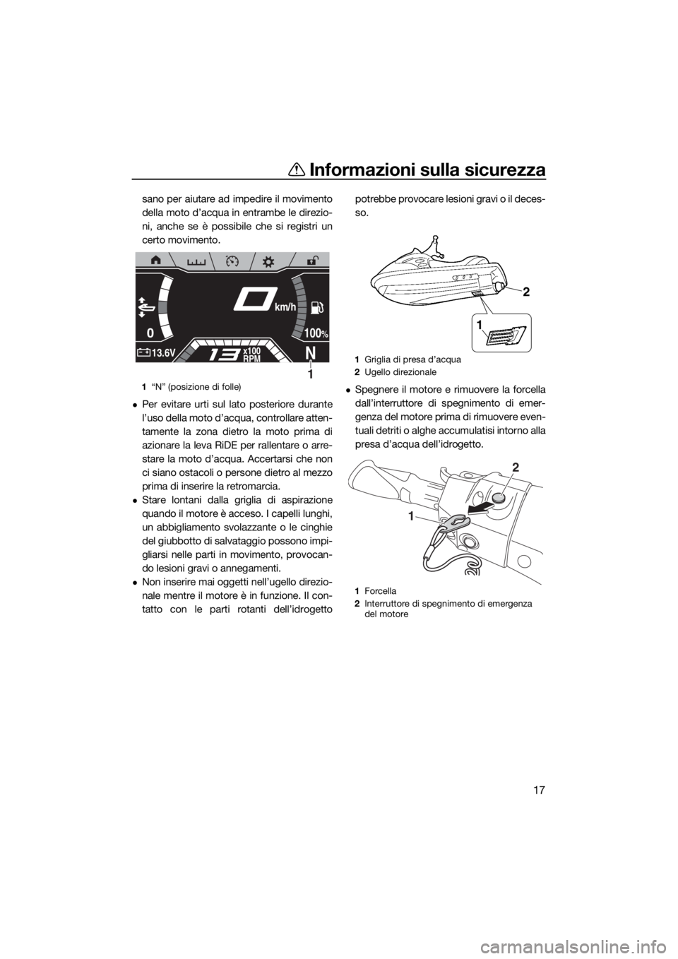 YAMAHA FX HO CRUISER 2020  Manuale duso (in Italian) Informazioni sulla sicurezza
17
sano per aiutare ad impedire il movimento
della moto d’acqua in entrambe le direzio-
ni, anche se è possibile che si registri un
certo movimento.
Per evitare urti