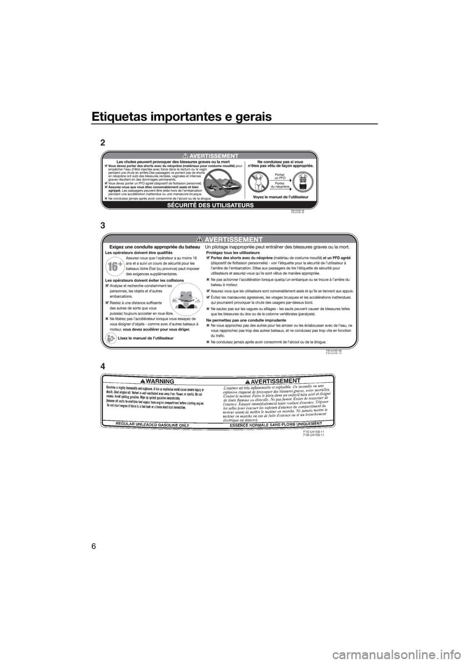 YAMAHA FX HO CRUISER 2020  Manual de utilização (in Portuguese) Etiquetas importantes e gerais
6
F1S-U415B-11
F1B-U415B-11
2
3
4
F3V-U41B1-30
F3V-U41B1-10
UF3V71P0.book  Page 6  Wednesday, June 19, 2019  2:09 PM 