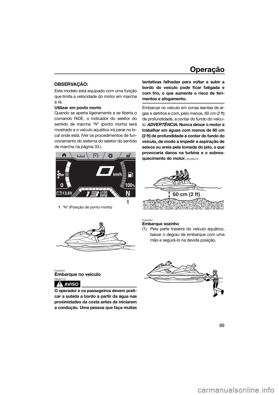 YAMAHA FX HO CRUISER 2020 Manual de utilização (in Portuguese) Operação
89
OBSERVAÇÃO:
Este modelo está equipado com uma função
que limita a velocidade do motor em marcha
à ré.
Utilizar em ponto morto
Quando se aperta ligeiramente e se liberta o
comando YAMAHA FX HO CRUISER 2020 Manual de utilização (in Portuguese) Operação
89
OBSERVAÇÃO:
Este modelo está equipado com uma função
que limita a velocidade do motor em marcha
à ré.
Utilizar em ponto morto
Quando se aperta ligeiramente e se liberta o
comando