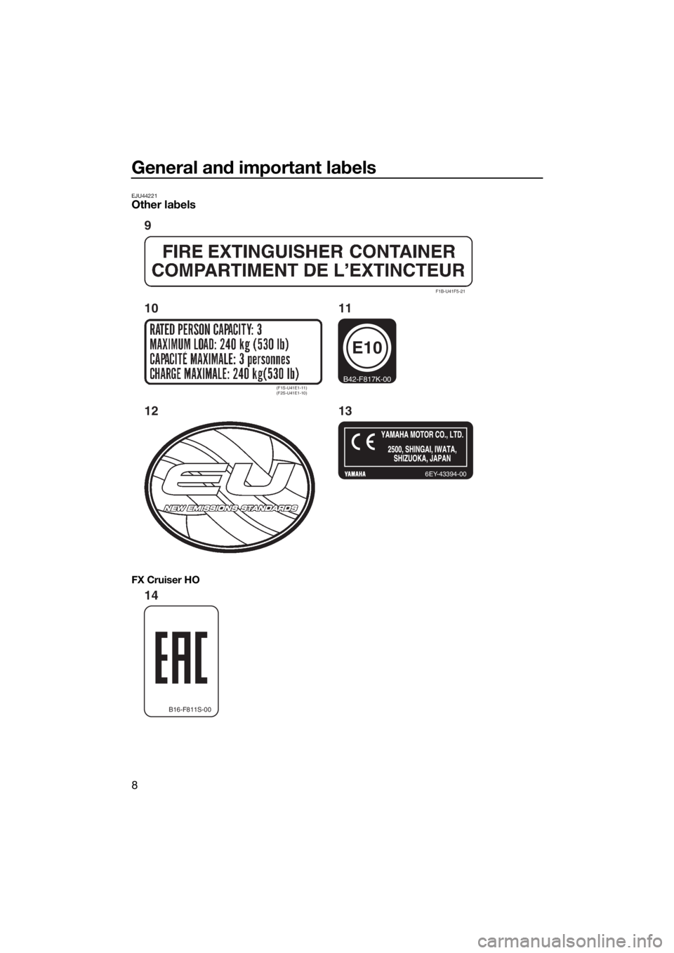 YAMAHA FX HO CRUISER 2019 User Guide General and important labels
8
EJU44221Other labels
FX Cruiser HO
F1B-U41F5-21
(F1S-U41E1-11)
(F2S-U41E1-10)
6EY-43394-00
E10
B42-F817K-00
9
10
12 1311
B16-F811S-00
14
UF3V70E0.book  Page 8  Tuesday, 