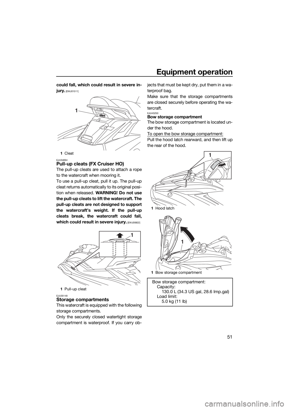 YAMAHA FX HO CRUISER 2019 Workshop Manual Equipment operation
51
could fall, which could result in severe in-
jury.
 [EWJ01511]
EJU34894
Pull-up cleats (FX Cruiser HO)
The pull-up cleats are used to attach a rope
to the watercraft when moorin